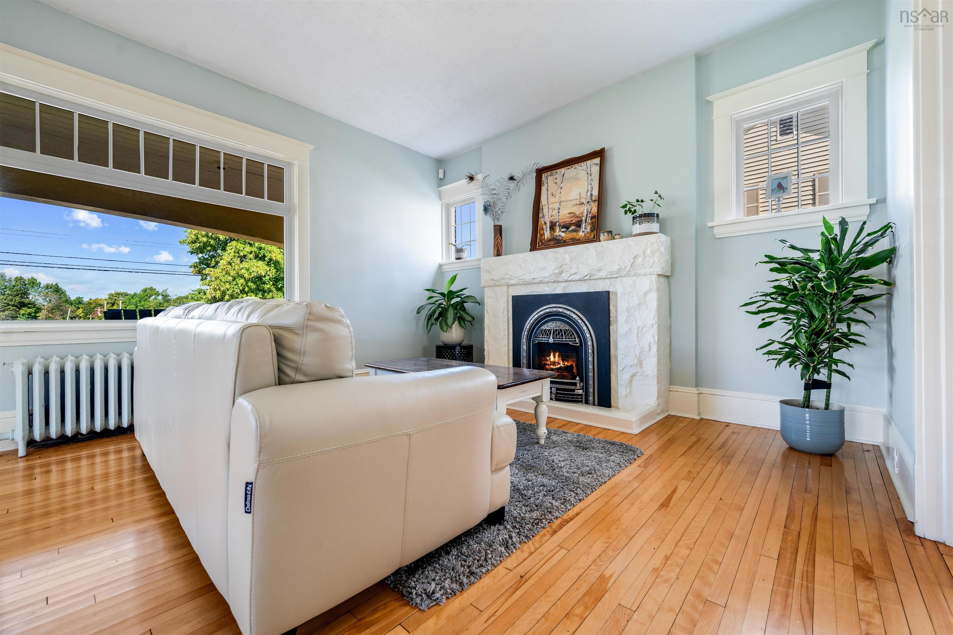Living area with radiator heating unit, a high end fireplace, and light wood-style flooring