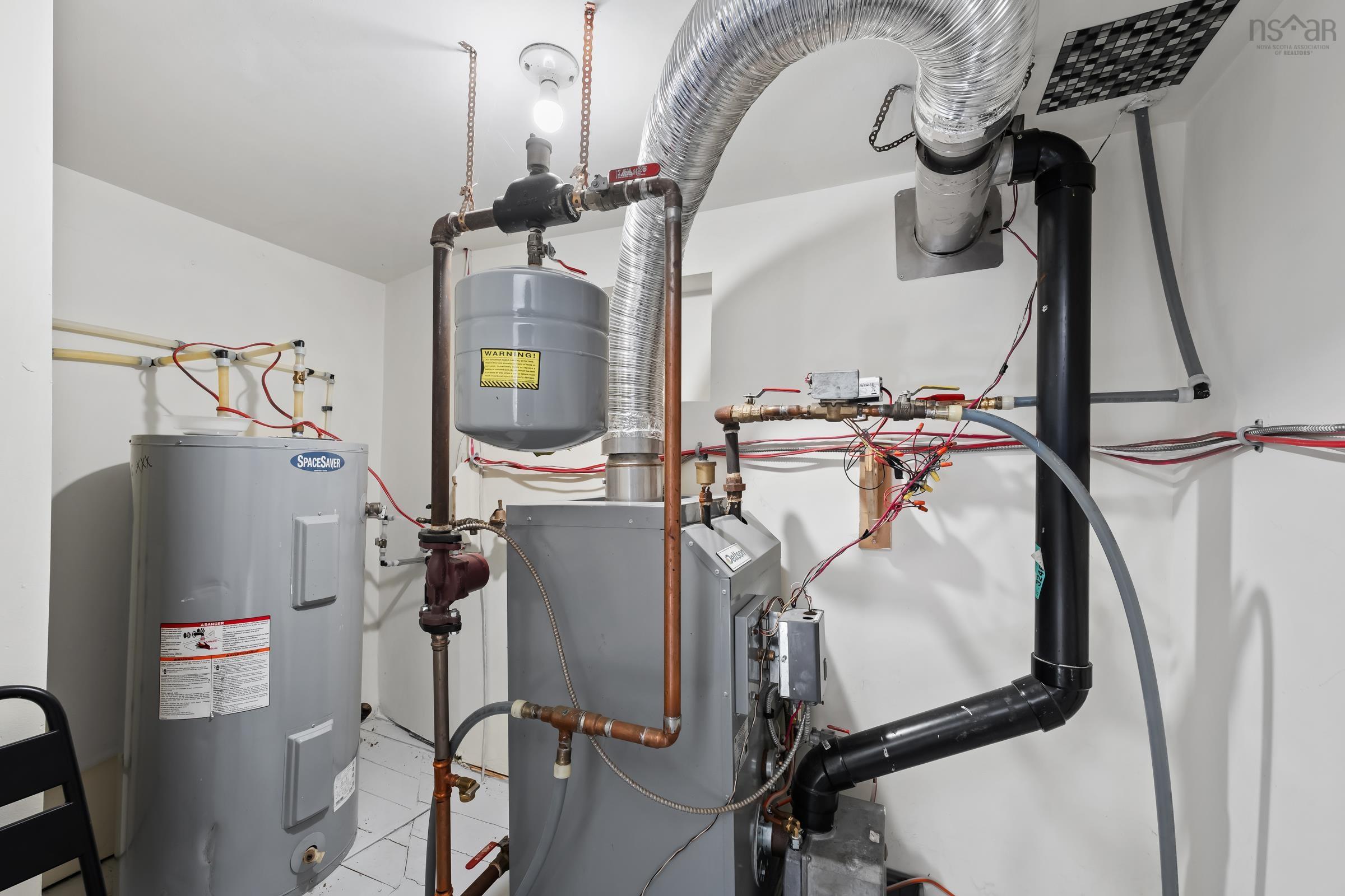 Utility room with water heater and a heating unit